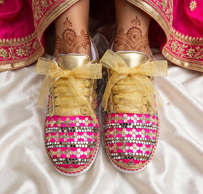 Funky N Trendy Hot pink zari work with mirror detailing bridal sneakers/ bridesmaid sneaker / golden sneakers/ hot pink sneakers / pink shoes for bride/ rani pink sneakers