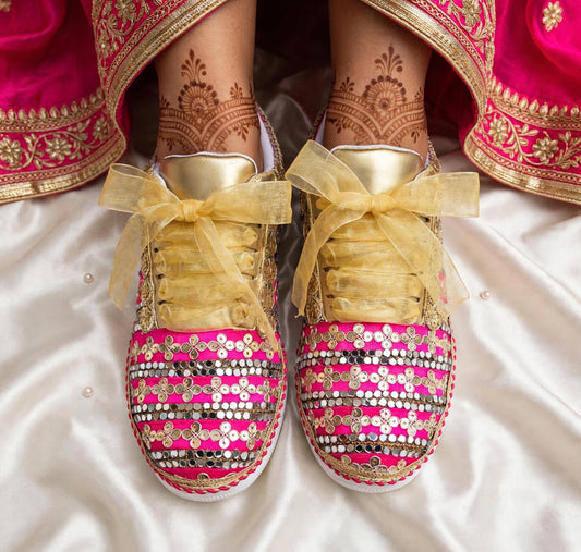 Funky N Trendy Hot pink zari work with mirror detailing bridal sneakers/ bridesmaid sneaker / golden sneakers/ hot pink sneakers / pink shoes for bride/ rani pink sneakers