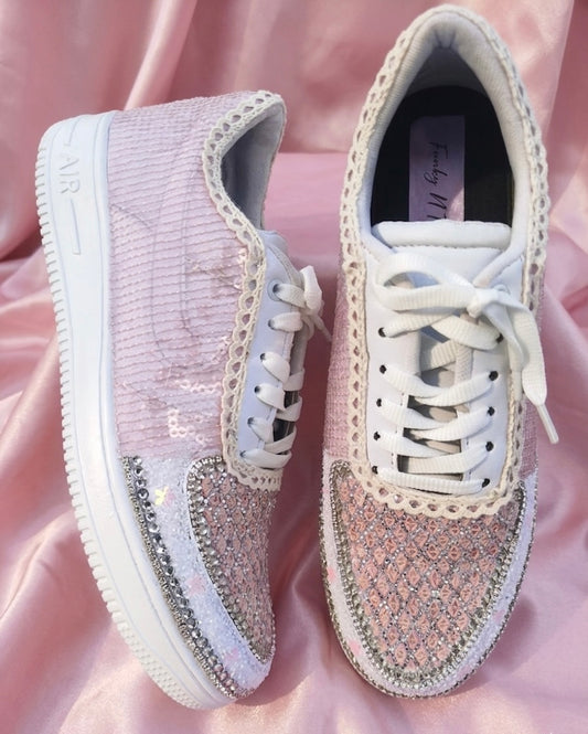 FUNKY N TRENDY pink sequine work sneakers with customization of name /wedding date/ couple shoes