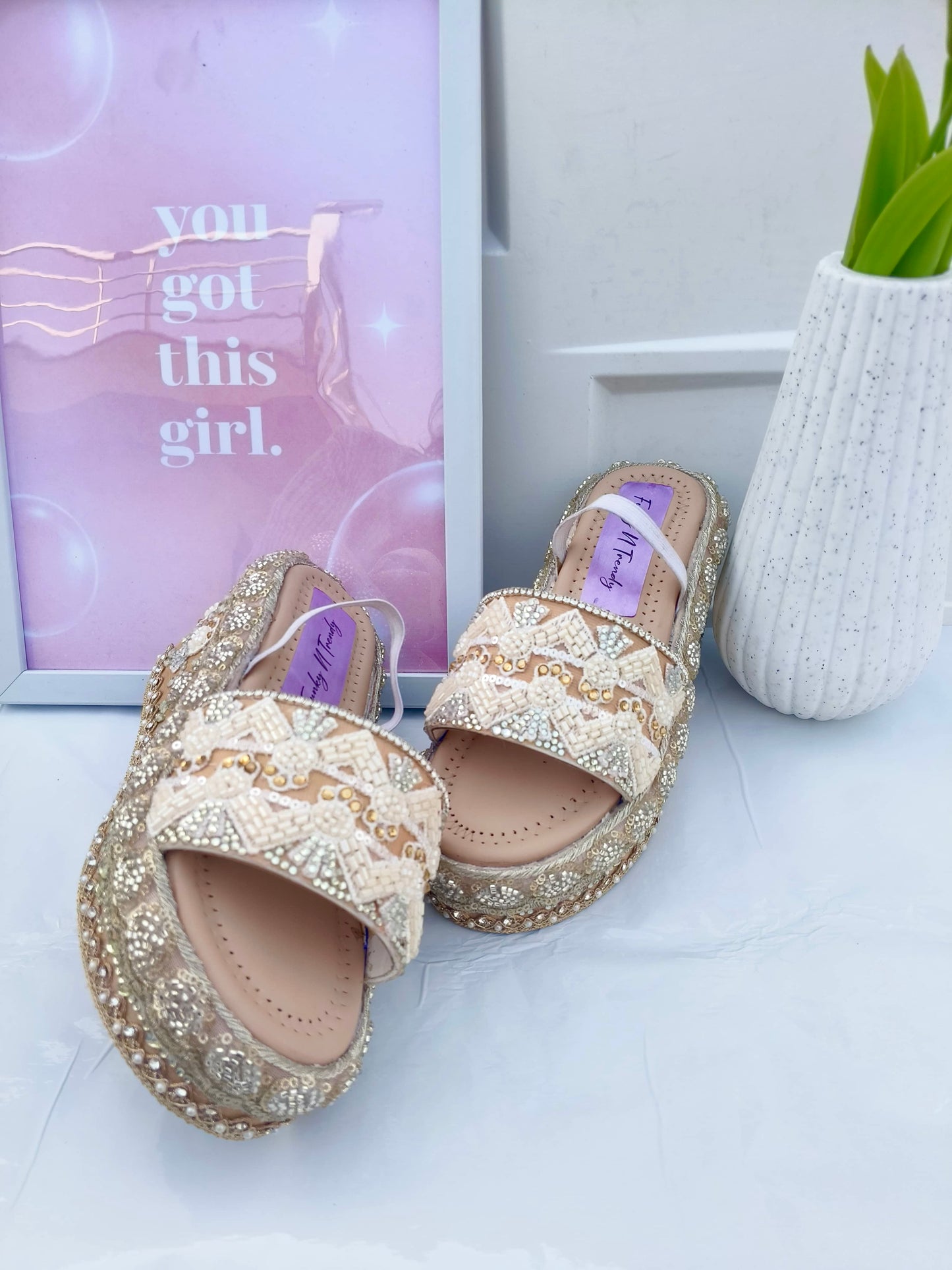 Handcrafted Bridal Embroidered Wedges - Beige / ivory