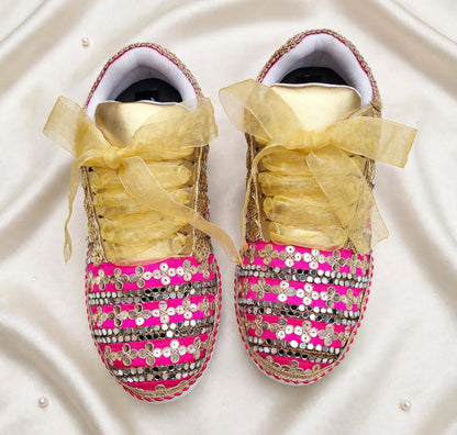 Funky N Trendy Hot pink zari work with mirror detailing bridal sneakers/ bridesmaid sneaker / golden sneakers/ hot pink sneakers / pink shoes for bride/ rani pink sneakers