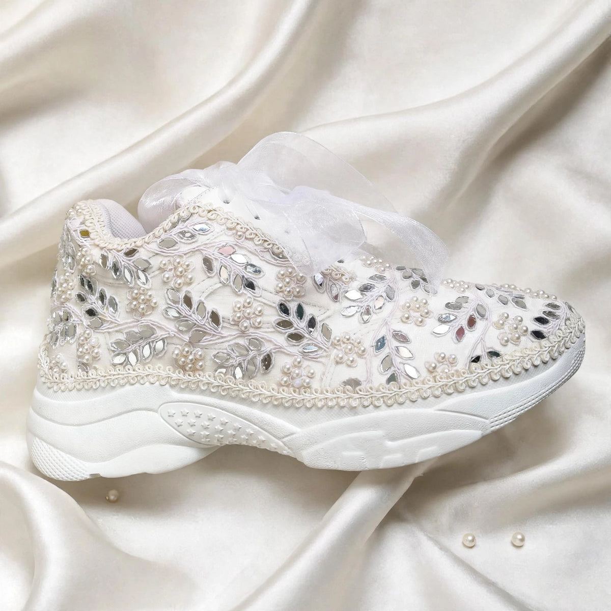 Funky N Trendy white pearl hand work sneakers / bridal sneakers/ sneaker for bride / white sneakers/ pearl sneakers for bride/ bridesmaid sneakers / pearls sneakers / mirror sneakers / white shoes