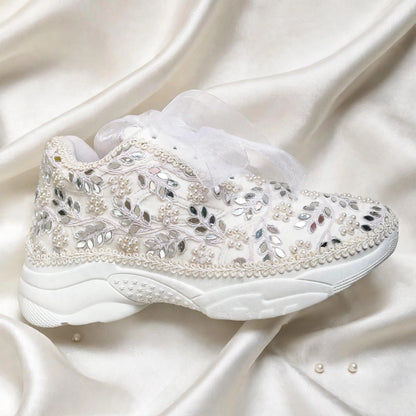 Funky N Trendy white pearl hand work sneakers / bridal sneakers/ sneaker for bride / white sneakers/ pearl sneakers for bride/ bridesmaid sneakers / pearls sneakers / mirror sneakers / white shoes