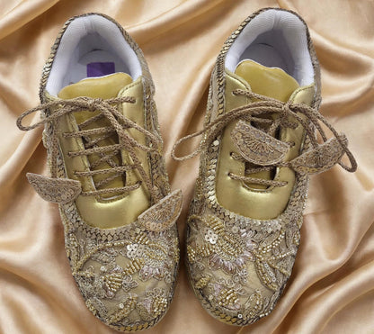 Funky N Trendy hand crafted golden bridal sneakers bridesmaid sneakers/ gold sneakers / golden sneakers / mirror sneakers/hand embroidered sneakers