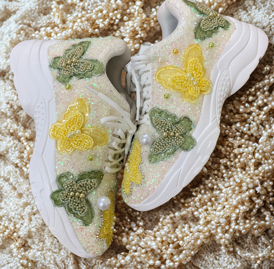 FUNKY N TRENDY yellow and green butterfly embroidery sneakers for brides /yellow embroidered sneakers/ handcrafted sneakers/ butterfly sneakers / bridal sneakers / bridesmaid sneakers/ green and yellow hand work sneakers/yellow shoes