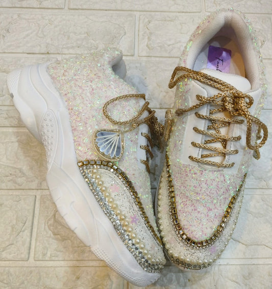 Funky N Trendy white hand work sneakers / bridal sneakers/ sneaker for bride / white sneakers/ pearl sneakers for bride/ bridesmaid sneakers / pearls sneakers