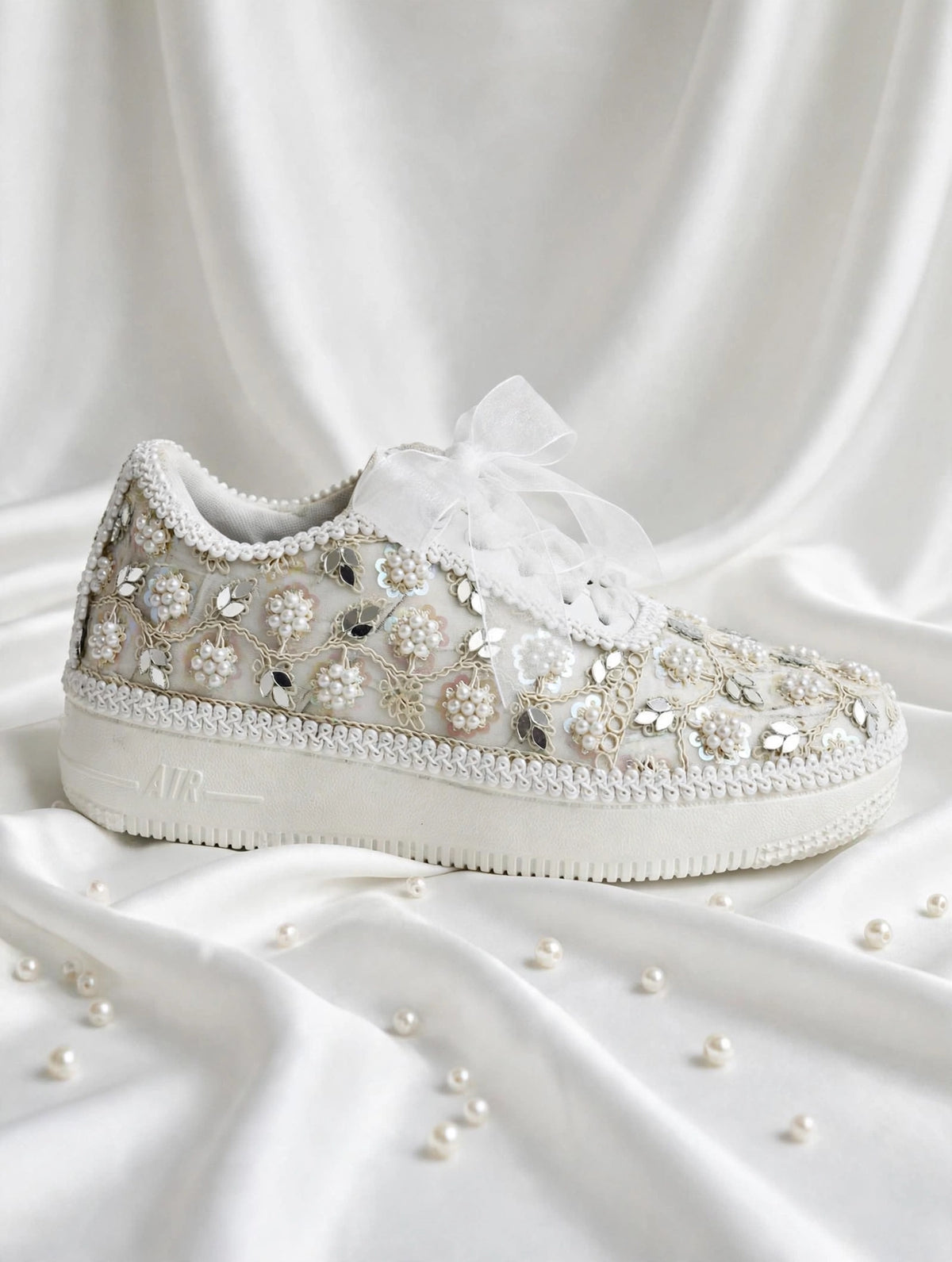 Pearl Embellished Bridal Sneakers – Handmade Wedding Shoes for Brides & Bridesmaids with customized name / hashtag