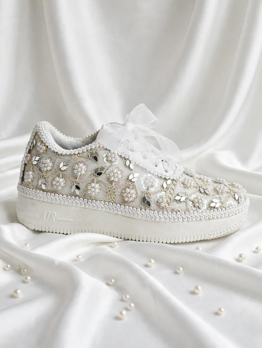 Pearl Embellished Bridal Sneakers – Handmade Wedding Shoes for Brides & Bridesmaids with customized name / hashtag