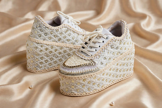 Handcrafted Bridal Sneakers for Brides – Wedding Shoes | Funky N Trendy | Ivory wedges | ivory sneakers