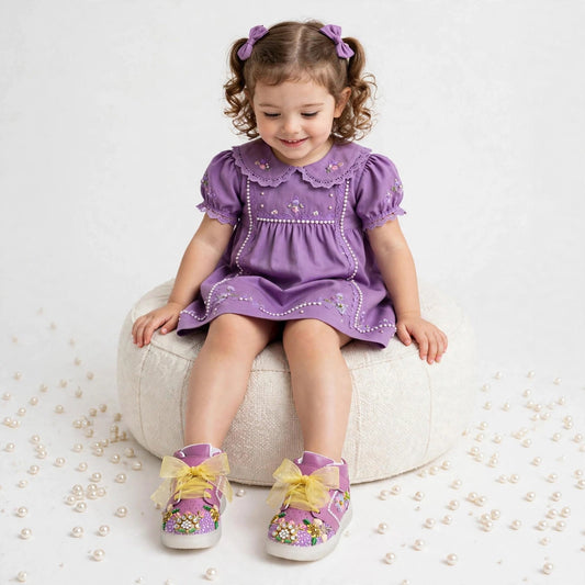Funky N Trendy purple pink embroidery sneakers/kids sneakers/ embroidery shoes / kids shoes/ purple sneakers / purple shoes for kids/handmade sneakers for kids