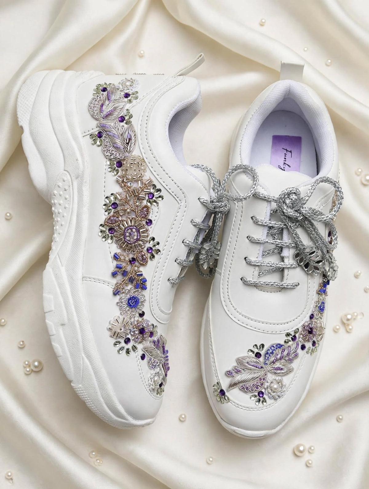 Funky N Trendy embroidery work bridal sneakers/ bridesmaid sneaker / silver sneakers/ purple shoes /name and wedding date customization