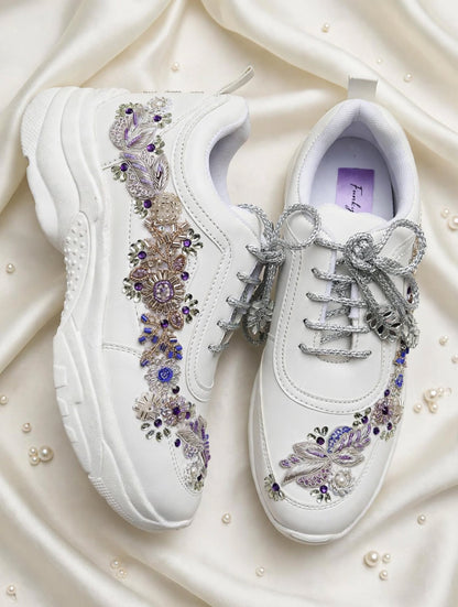 Funky N Trendy embroidery work bridal sneakers/ bridesmaid sneaker / silver sneakers/ purple shoes /name and wedding date customization