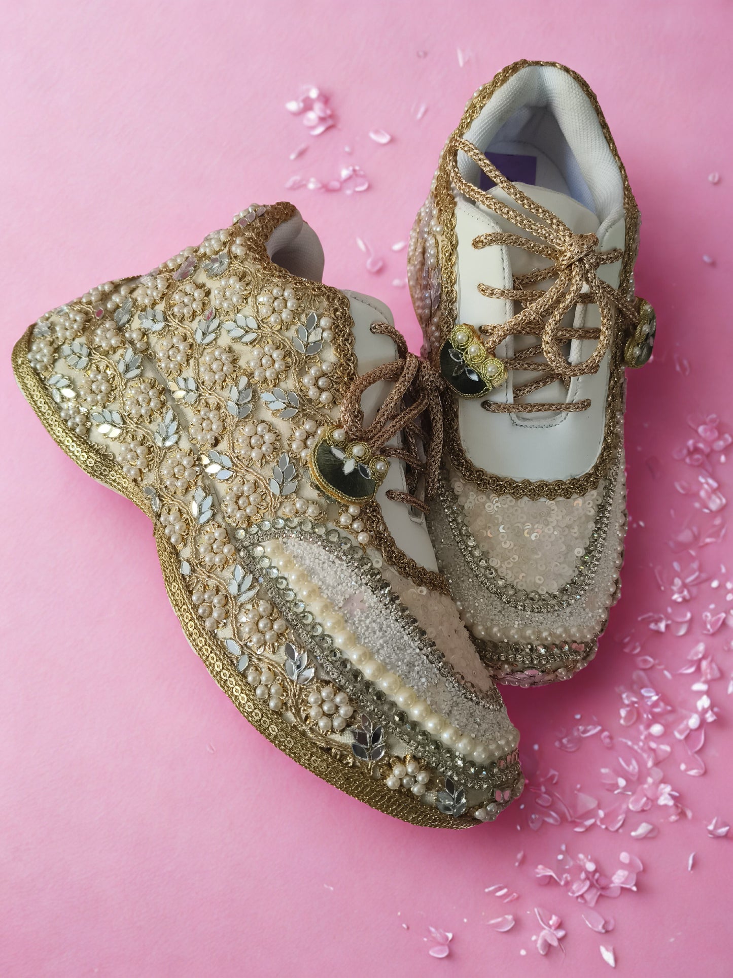 Mirror leaves Pearl blossom Dull gold/ beige Bridal Sneakers – Floral Embroidery” / gold sneakers /ivory sneakers/peach sneakers