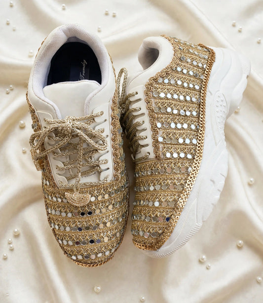 FUNKY N TRENDY dull gold mirror heeled sneakers for brides /bridesmaids / sneakers for bridesmaids/ handcrafted sneakers/ mirror sneakers / bridal sneakers / bridesmaid sneakers/ gold sneakers / mirror shoes