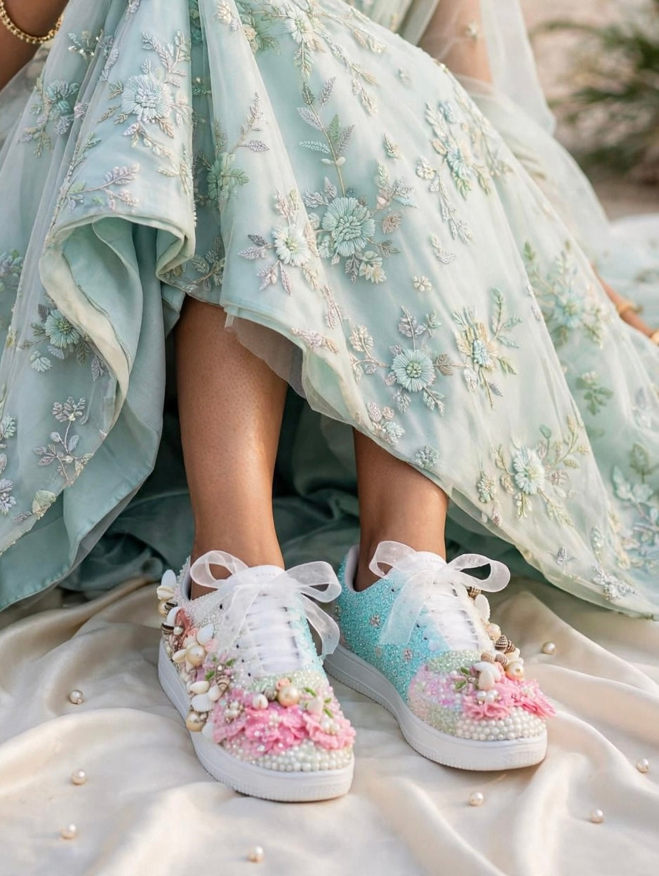 Mermaid Beach Bridal Sneakers - Shell Pearl Wedding Sneakers | Funky N Trendy| Pink & Blue Sneakers