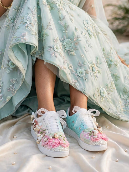 Mermaid Beach Bridal Sneakers - Shell Pearl Wedding Sneakers | Funky N Trendy| Pink & Blue Sneakers