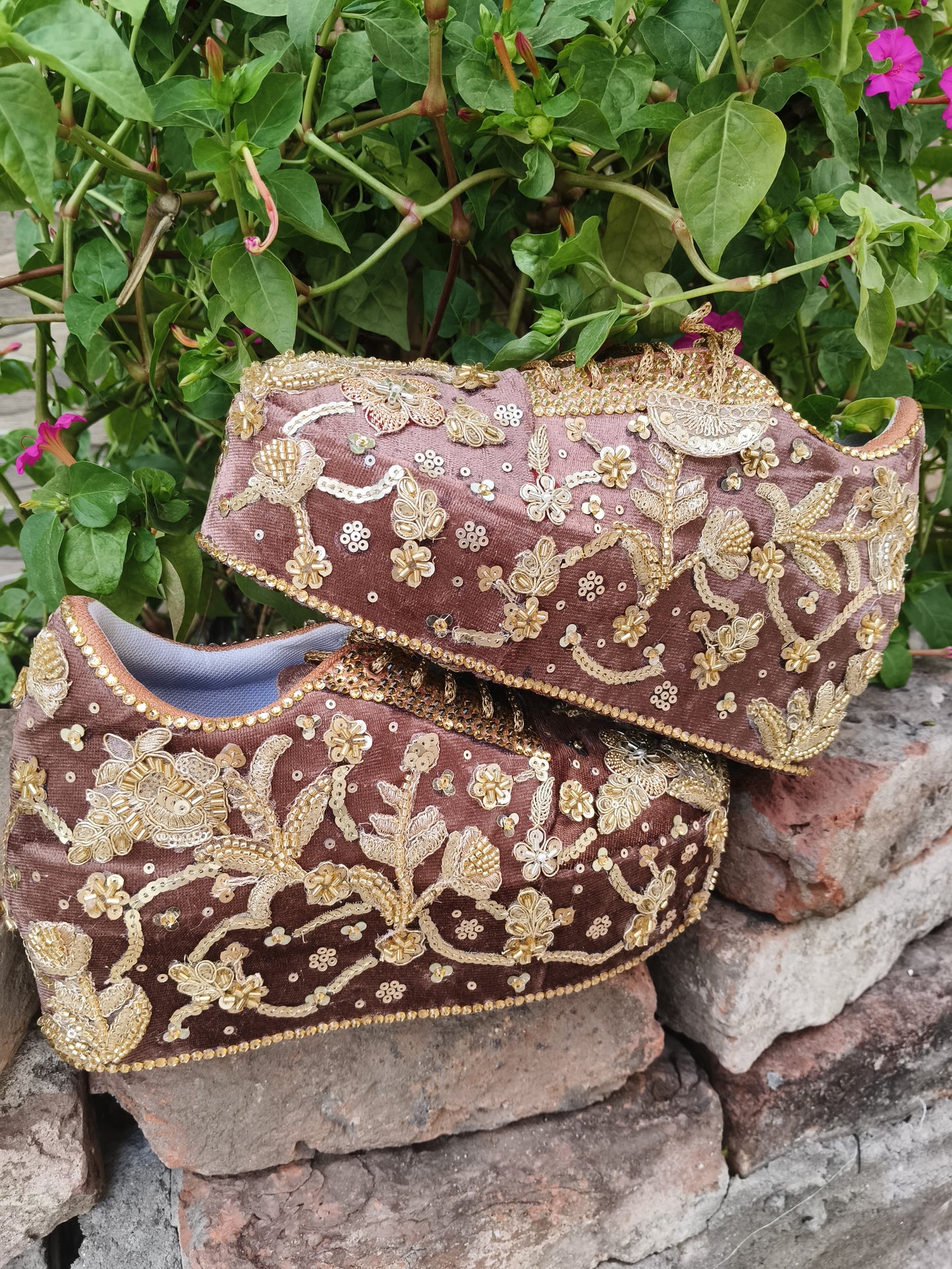 FUNKY N TRENDY rose gold with golden Embroidered bridal sneakers - wedge sneakers heeled sneakers/ sequine work sneakers/ brown sneakers