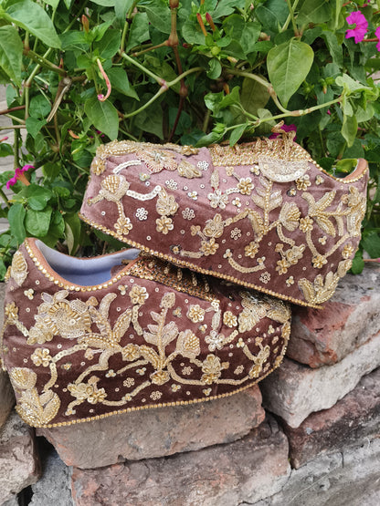 FUNKY N TRENDY rose gold with golden Embroidered bridal sneakers - wedge sneakers heeled sneakers/ sequine work sneakers/ brown sneakers