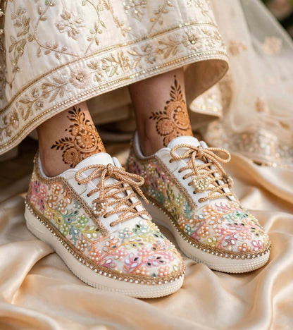 “Rainbow Bridal Sneakers with Mirror detailing– Floral Embroidery”