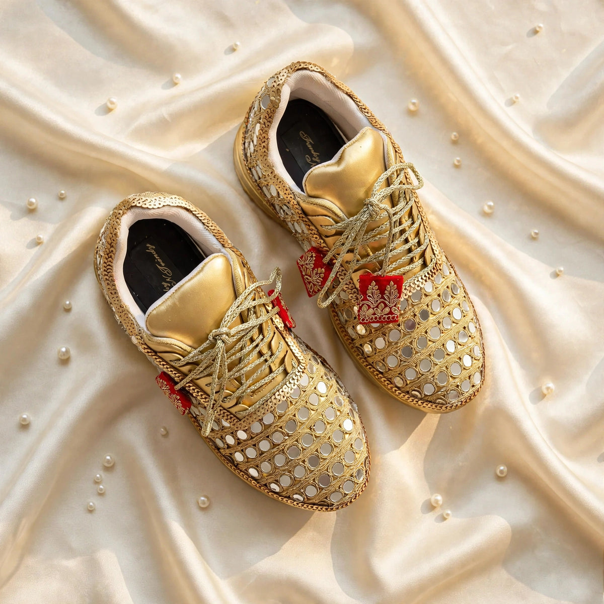 FUNKY N TRENDY gold mirror heeled sneakers for brides and bridesmaids