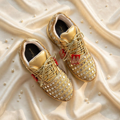 FUNKY N TRENDY gold mirror heeled sneakers for brides and bridesmaids