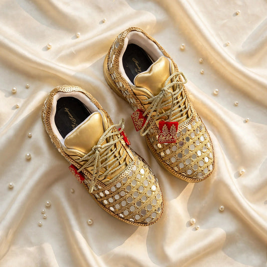 FUNKY N TRENDY gold mirror heeled sneakers for brides and bridesmaids