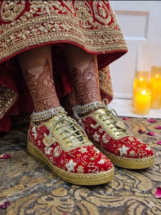 Galaxy Theme Red & Gold Bridal Sneakers with Hand Embroidery – Custom Wedding Shoes for Bride