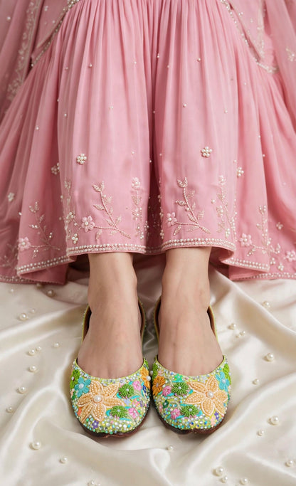 FUNKY N TRENDY “Green Pastel Garden Handcrafted Juttis – Floral Magic” - Green Carnival juttis