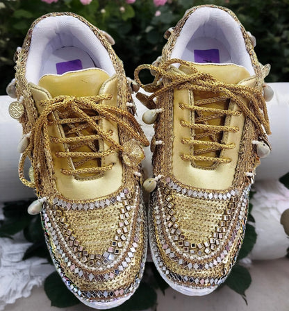FUNKY N TRENDY gold sneakers for brides / gold sneakers for bridesmaids/ gold sneakers / bridal sneakers / bridesmaid sneakers/ golden hand work sneakers / gold sneakers / embroidered sneakers