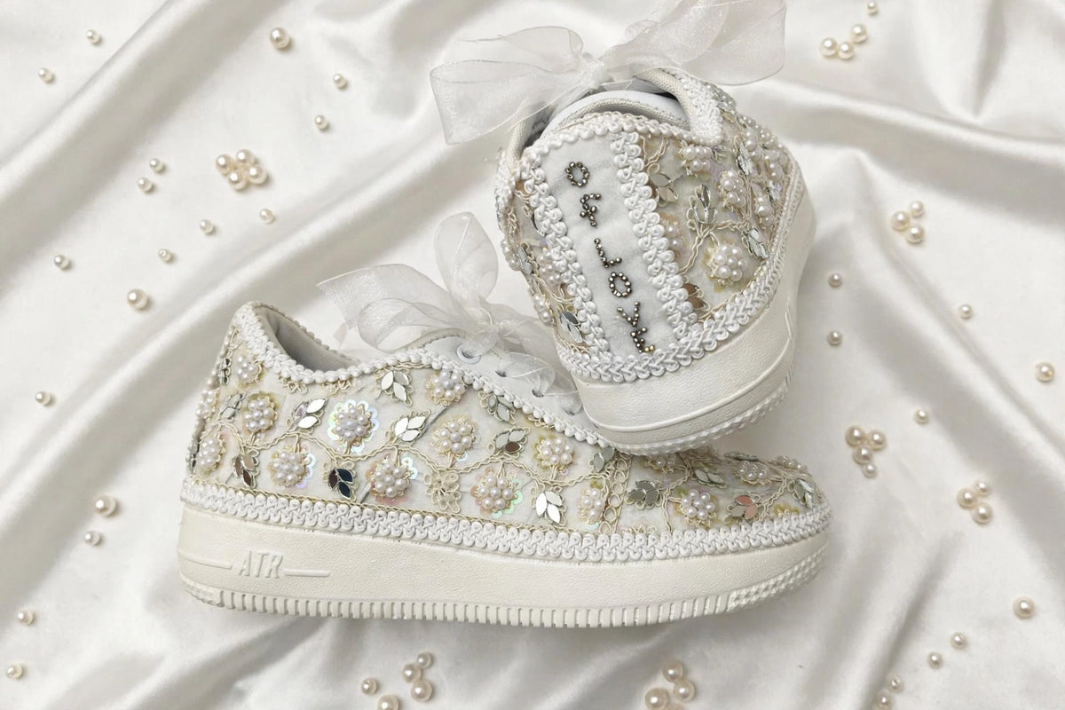 Pearl Embellished Bridal Sneakers – Handmade Wedding Shoes for Brides & Bridesmaids with customized name / hashtag
