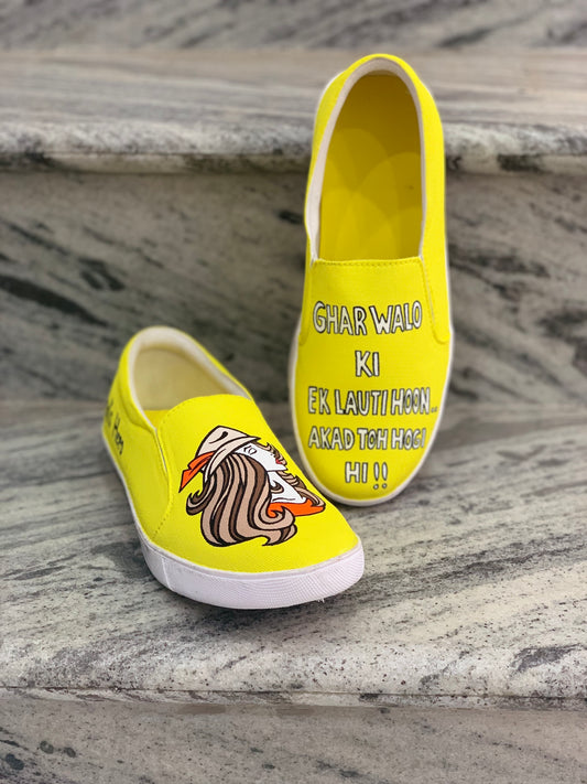 Funky N Trendy hand painted water resistant Quirky quote yellow shoes/ handpainted shoes/ women shoes / funky shoes