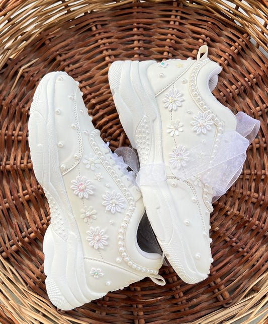 Funky N Trendy white pearl work sneakers with floral detailing / bridal sneakers/ sneaker for bride / white sneakers/ pearl sneakers for bride