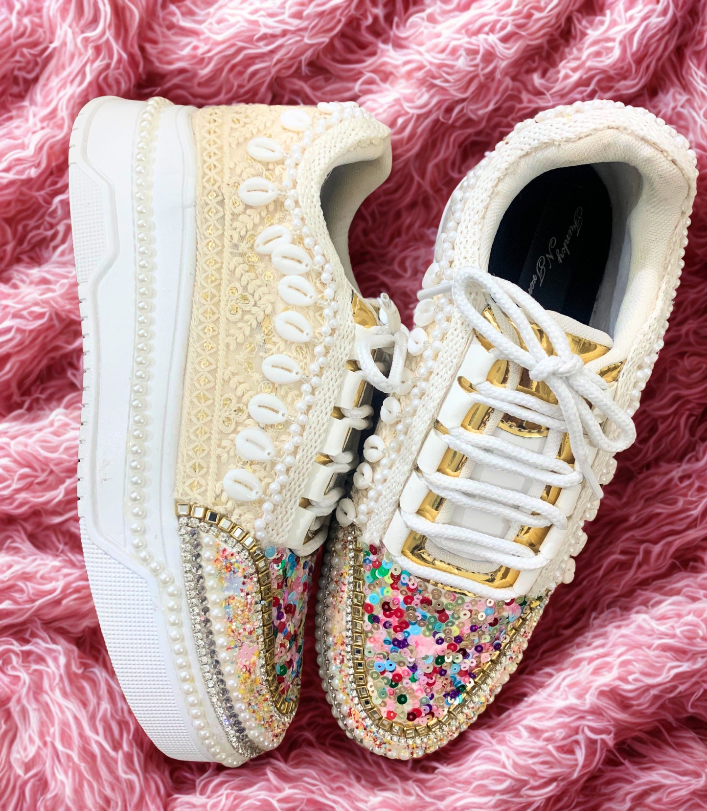 FUNKY N TRENDY ivory sneakers with multi colored detailing for brides /bridesmaids / sneakers for bridesmaids/ handcrafted sneakers/ sequine sneakers / bridal sneakers / bridesmaid sneakers/ ivory sneakers / shell shoes
