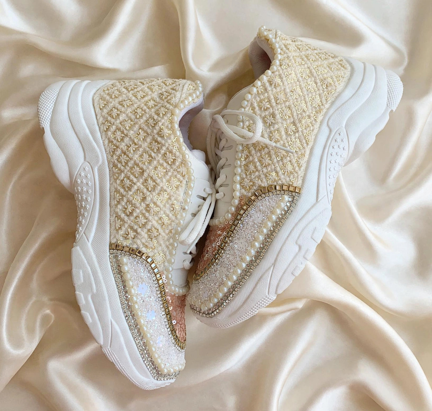 FUNKY N TRENDY ivory and tan peach sneakers with pearl detailing for brides / bridesmaids/ ivory sneakers / beige sneakers / tan peach shoes/ rose gold sneakers / rose gold shoes