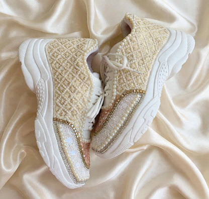 FUNKY N TRENDY ivory and tan peach sneakers with pearl detailing for brides / bridesmaids/ ivory sneakers / beige sneakers / tan peach shoes/ rose gold sneakers / rose gold shoes