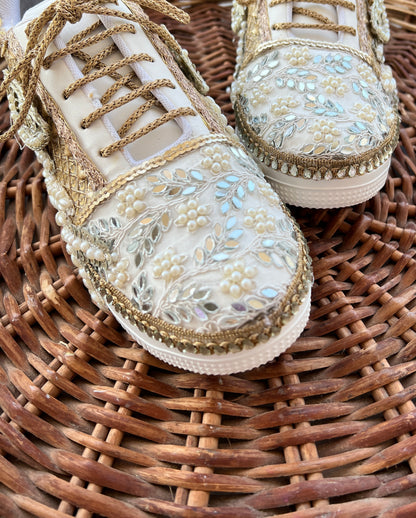 Funky N Trendy ivory / off white embroidery work bridal sneakers/ bridesmaid sneaker / hancrafted sneakers / gold sneakers / golden sneakers/ white sneakers / white shoes