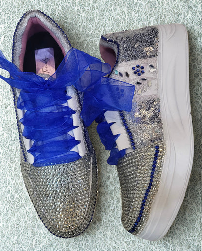 FUNKY N TRENDY rhinestone work bridal sneakers / bridesmaid sneakers/ silver sneakers / silver shoes/ rhinestone sneakers mirror shoes/ bride shoes/ embroidered shoes/ silver and blue sneakers