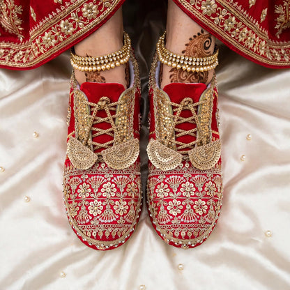 FUNKY N TRENDY red and gold bridal sneakers / bridesmaid sneakers/ golden sneakers / gold sneakers / red shoes / red bridal sneakers / embroidered shoes / embroidered sneakers