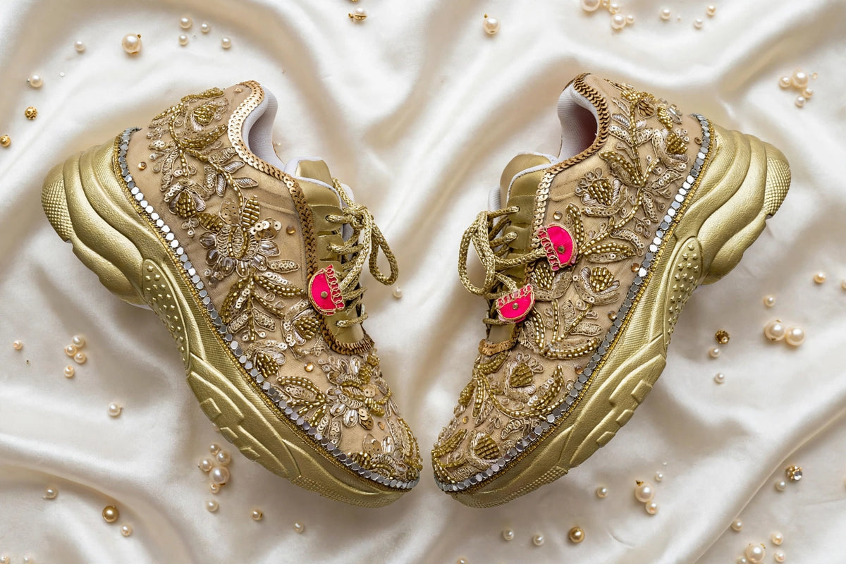 Funky N Trendy hand crafted golden bridal sneakers bridesmaid sneakers/ gold sneakers / golden sneakers / golden embroidery sneakers with tint of hot pink tassels