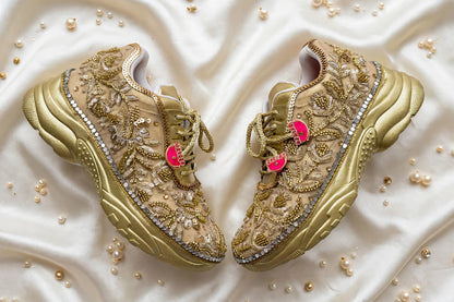 Funky N Trendy hand crafted golden bridal sneakers bridesmaid sneakers/ gold sneakers / golden sneakers / golden embroidery sneakers with tint of hot pink tassels