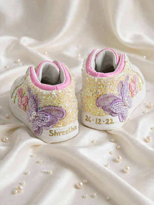Funky N Trendy purple pink butterfly sneakers with custom name and date of birth detailing/kids sneakers/ butterfly shoes / kids shoes/ purple sneakers / purple shoes for kids/handmade sneakers for kids