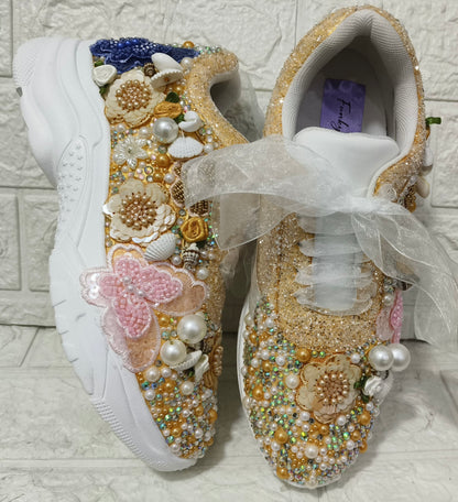 FUNKY N TRENDY gold pink blue butterfly embroidery sneakers for brides /gold embroidered sneakers/ handcrafted sneakers/ butterfly sneakers / bridal sneakers / bridesmaid sneakers/ gold and pink hand work sneakers