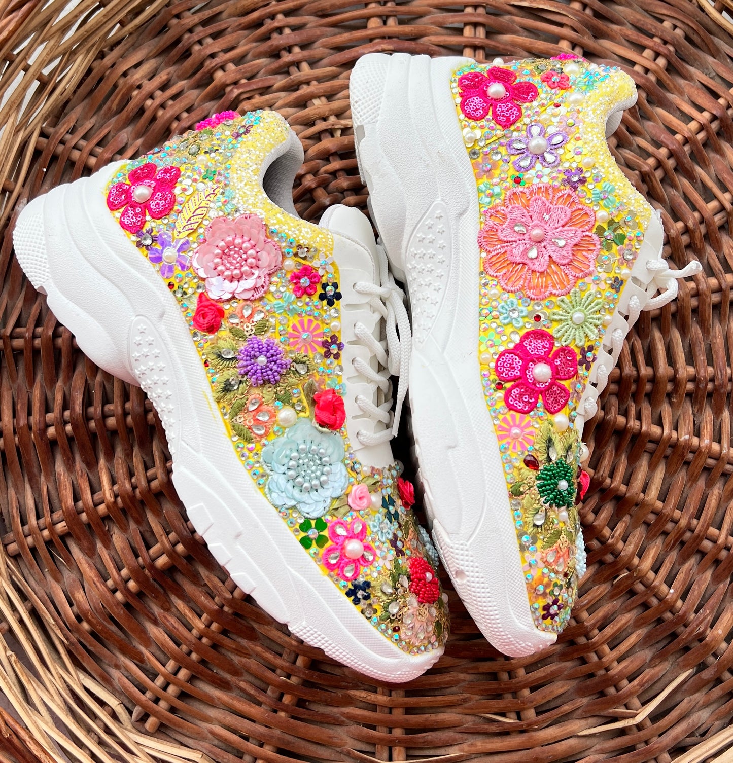 FUNKY N TRENDY “Yellow Pastel Garden Handcrafted Sneakers – Floral Magic”