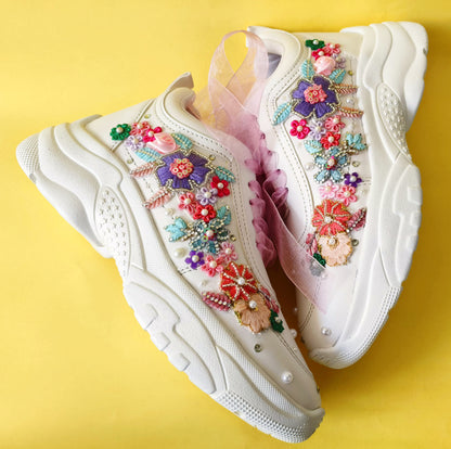 FUNKY N TRENDY “Pastel Garden Handcrafted Sneakers – Floral Magic” with customized wedding date / name initials