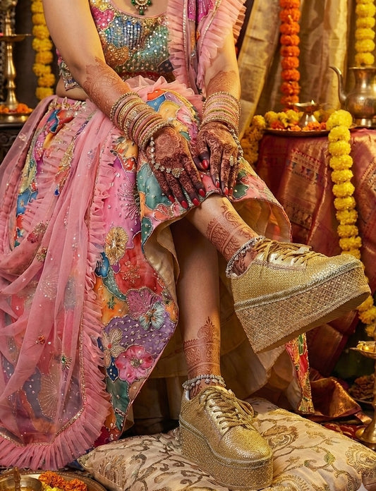 FUNKY N TRENDY Gold bridal sneakers - wedge sneakers heeled sneakers/ golden sneakers