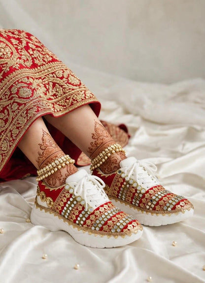 FUNKY N TRENDY red sneakers for brides /bridesmaids / sneakers for bridesmaids/ handcrafted sneakers/ mirror sneakers / bridal sneakers / bridesmaid sneakers/ gold sneakers / red sneakers