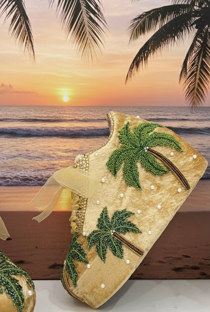 FUNKY N TRENDY Hand embroidered Tree theme sneakers - wedge sneakers heeled sneakers/ gold sneakers