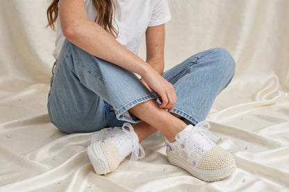 Funky N Trendy white pearl work sneakers with purple / lavender floral detailing / pearl sneakers