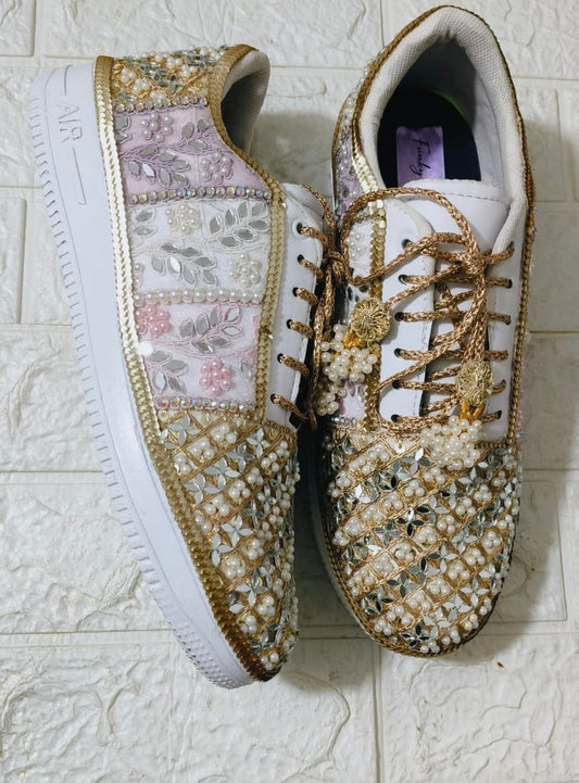 FUNKY N TRENDY pink purple and gold sneakers for brides / bridesmaids/ pink sneakers / baby pink sneakers / bridal sneakers / bridesmaid sneakers/ golden hand work sneakers/ pink shoes with custom name initials
