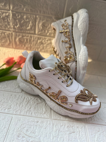 Funky N Trendy hand embroidered Bride word with zardozi and cutdana / bridal sneakers/ sneaker for bride / zardozi sneakers/ golden sneakers for bride / custom wedding date and hashtag